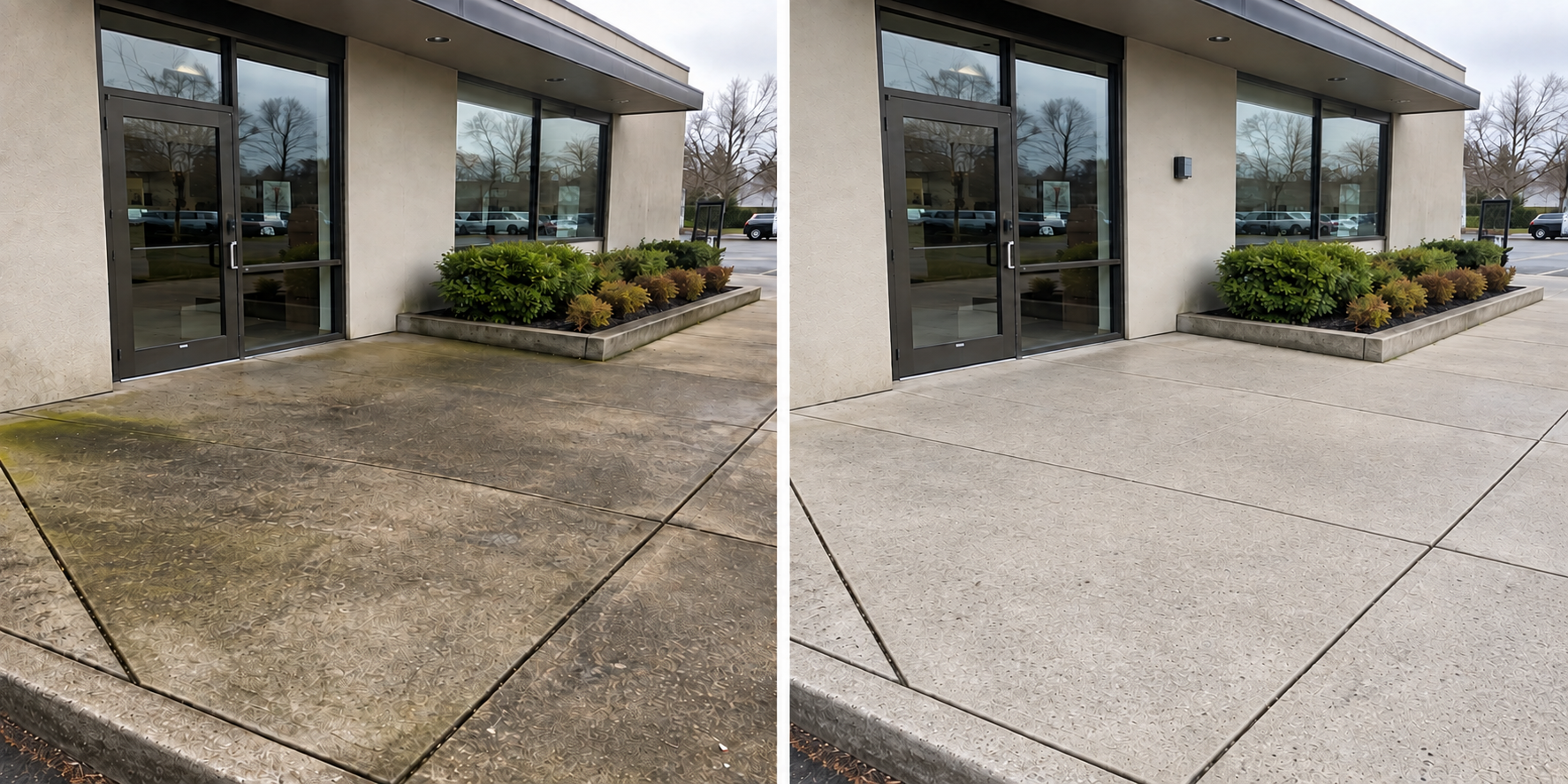 Illustrative before and after comparison of a cleaned concrete storefront entrance